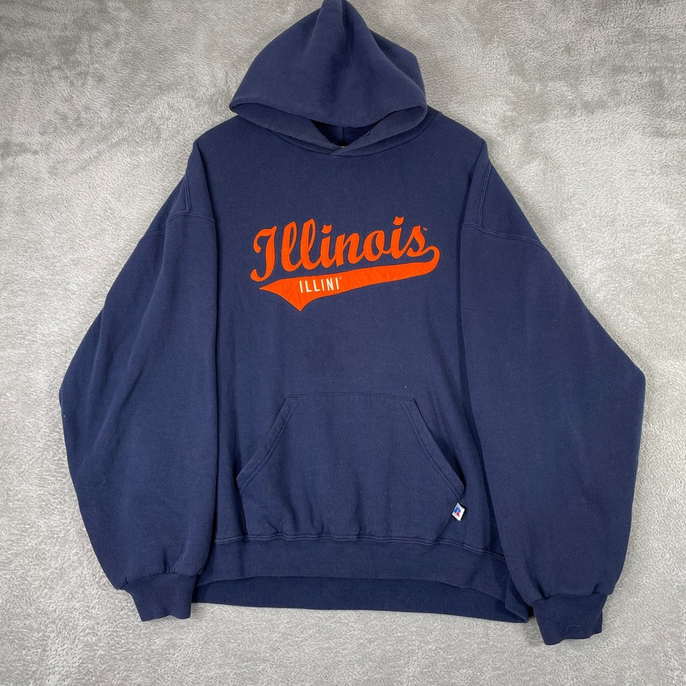 Illinois Hoodie Mens XL Navy Blue Russell Athletic Spellout Pullover Vintage Y2K